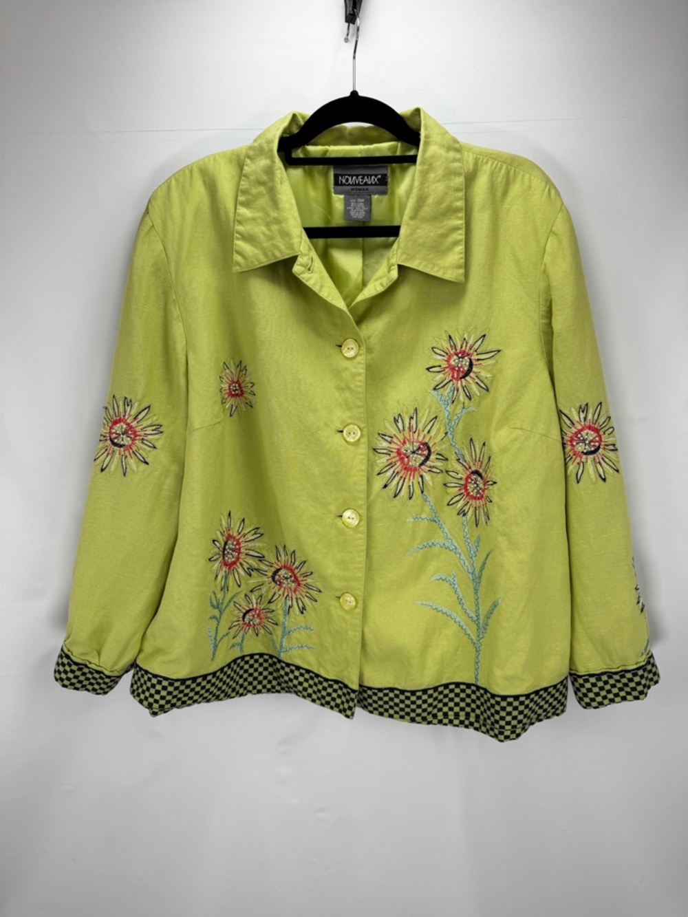 Lime Green Floral Embroidered Linen Button-Front Jacket